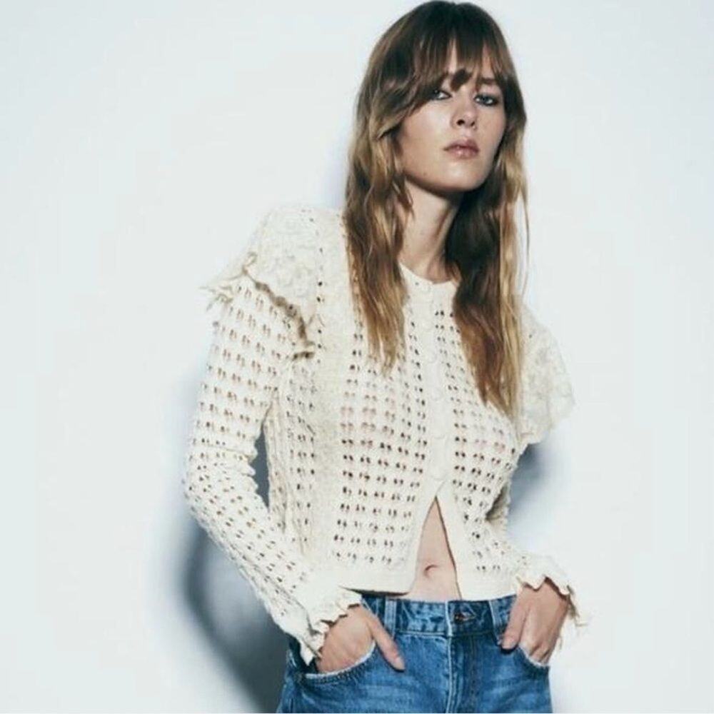 Zara Cream Crochet Lace Cardigan M Ruffle Sleeve Openwork Knit Romantic